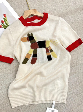 [楚楚Grace专属]-小众设计羊绒羊毛混纺小马图案挂毛修身T恤衫