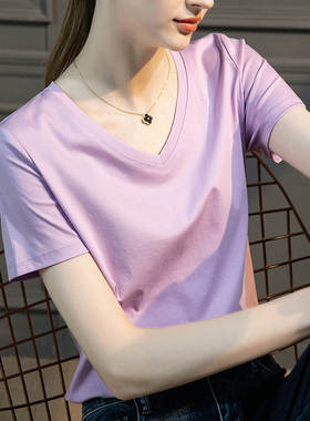 80支冰丝光棉精梳纯棉v领白色宽松高级短袖女t恤正肩2026夏季半袖