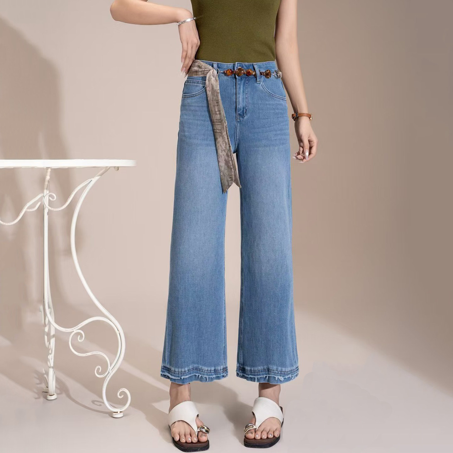 2026夏季JEANS大企83368四面弹修身显瘦毛边九分女牛仔微筒喇叭裤