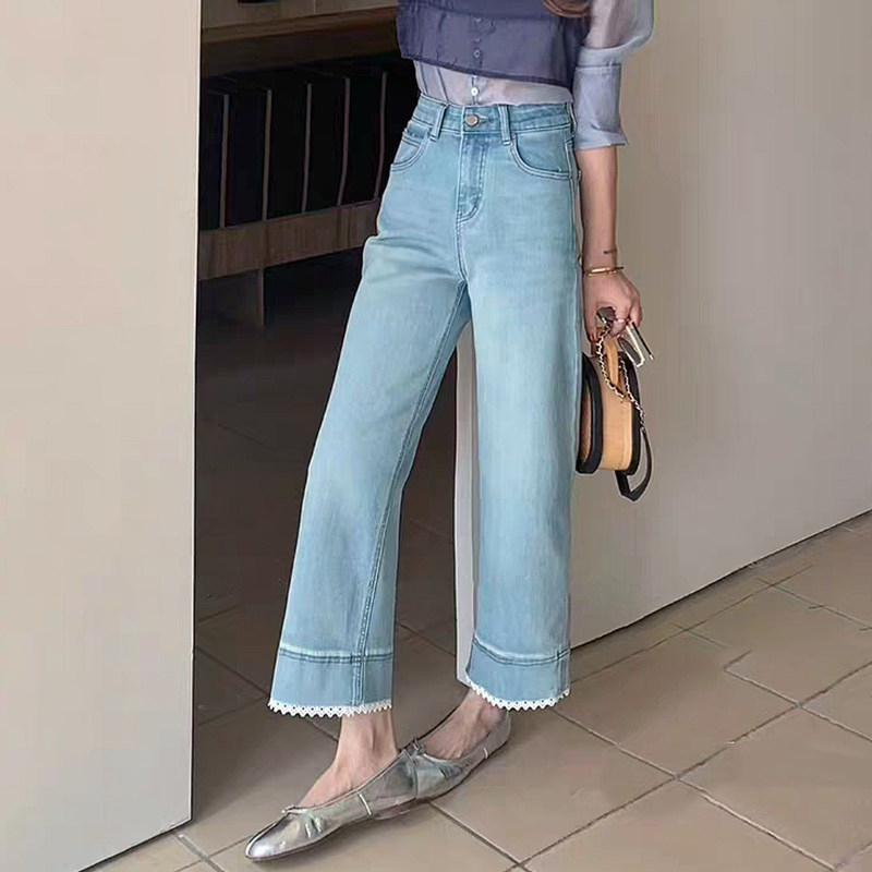 2025夏季新款JEANS阿凡牛A3959蕾丝花边宽松九分女牛仔直筒阔腿裤