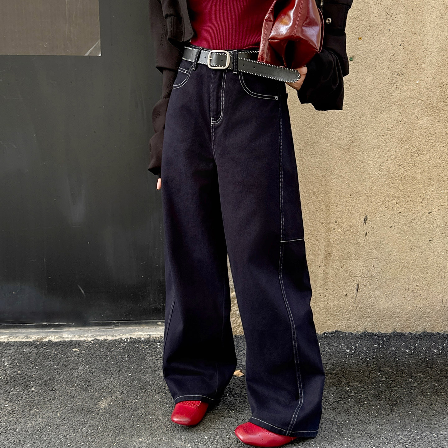 秋季藏青色女牛仔直筒阔腿弯刀裤