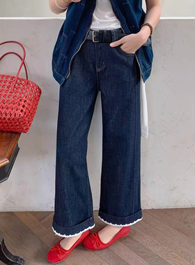 2026夏新款jeans阿凡牛3983丹宁蓝蕾丝卷边九分女牛仔直筒阔腿裤