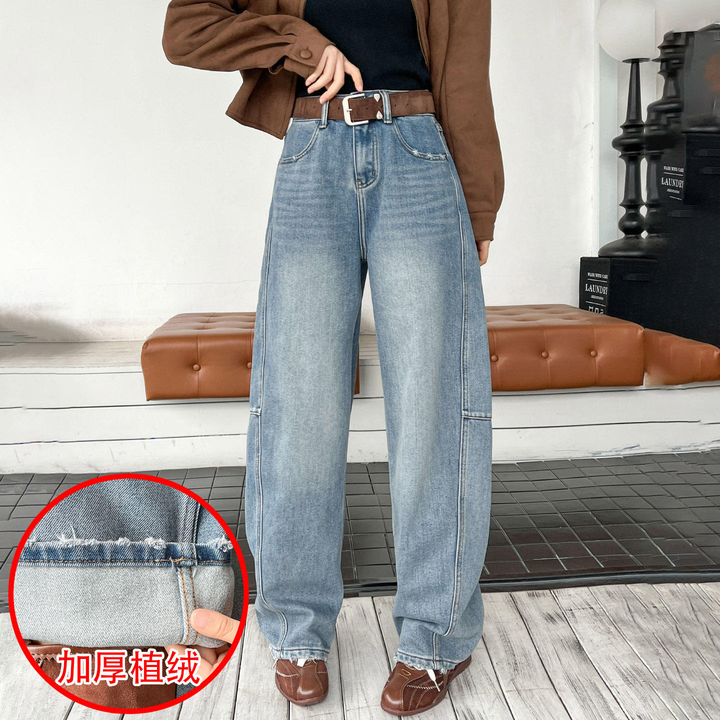 秋冬加厚植绒底女牛仔奶奶弯刀裤