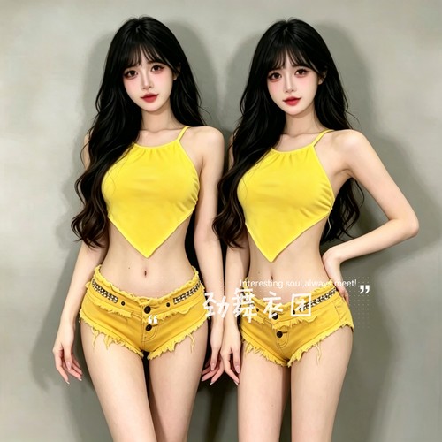 酒吧DS演出服新款女DJ领舞台chic性感辣妹黄色吊带爵士舞时尚套装