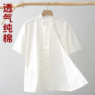 夏季纯棉唐装男中老年短袖中国风中式复古手工盘扣休闲衬衫半袖