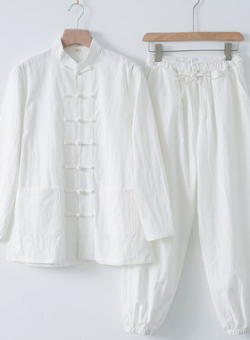 棉麻禅修服茶服居士服套装中国风中式复古男装佛系古风禅意春秋款