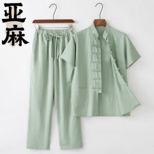 男夏季 復古男裝 套裝 中式 中老年短袖 休閑爸爸裝 亞麻唐裝 漢服 薄款