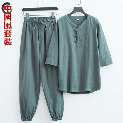 中国风亚麻短袖男t恤套装夏季宽松V领五分袖半袖中式复古盘扣唐装