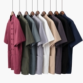 男士 衬衣衬衫 短袖 衣服中国风复古盘扣半袖 棉麻上衣中老年夏季 唐装