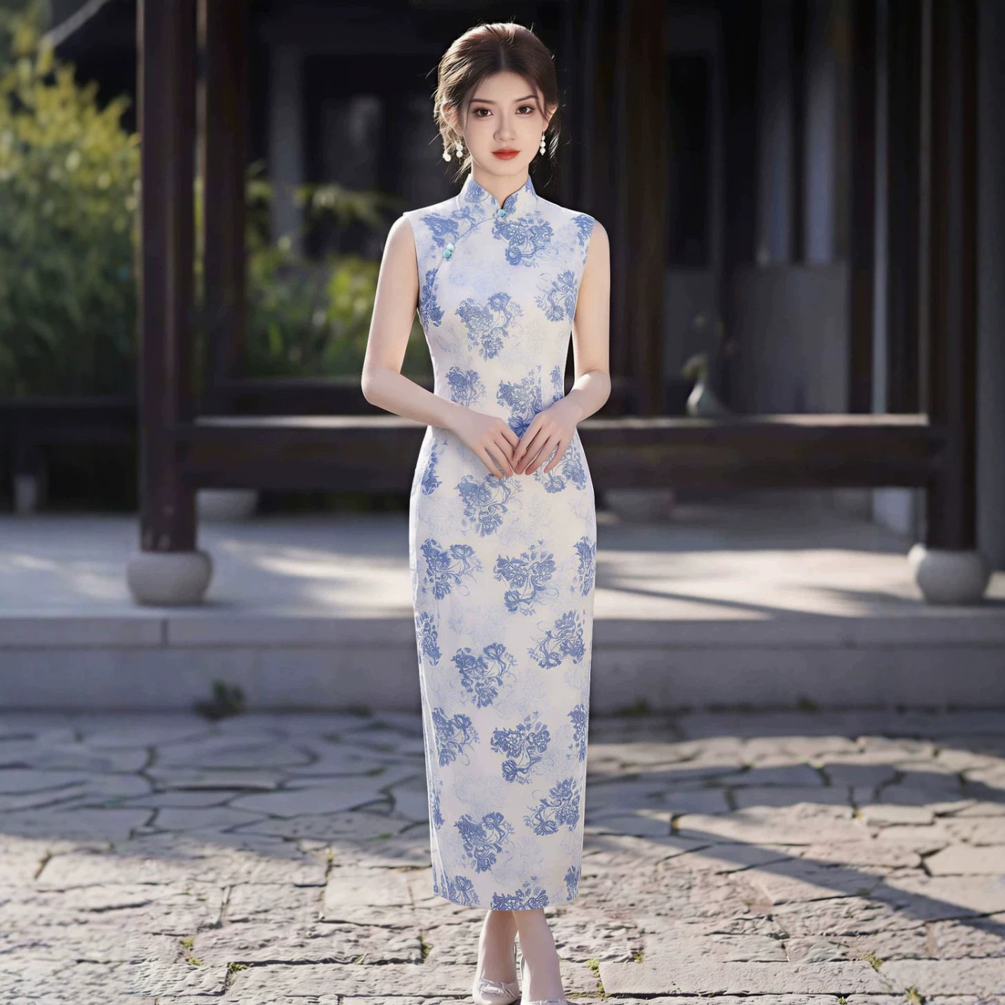 夏季复古青花无袖改良旗袍连衣裙图片