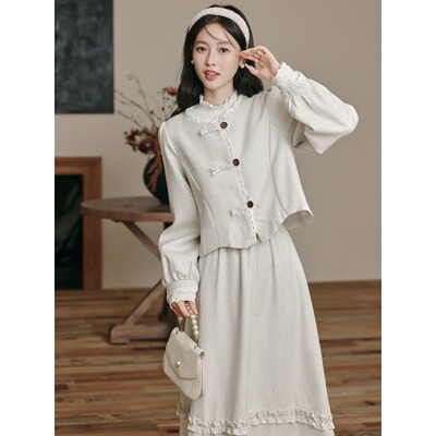 Enmei新中式盘扣连衣裙套装2025秋冬学院长袖上衣半身裙两件套