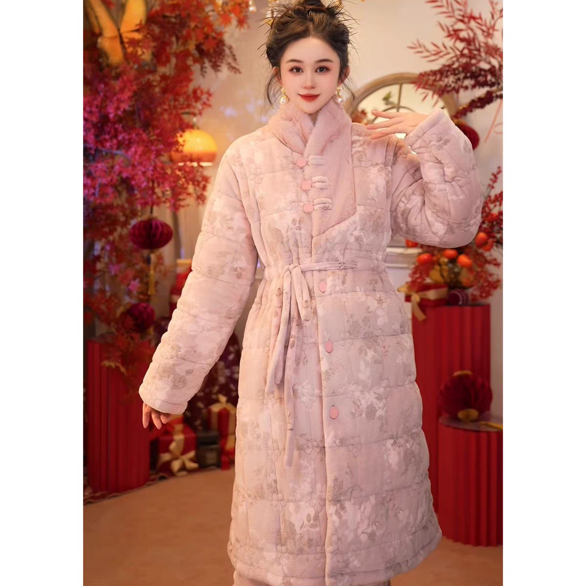 冬季加绒加厚夹棉睡袍珊瑚绒睡衣女中长款保暖棉袄女士加大码套装