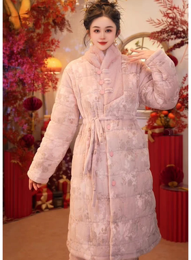 冬季加绒加厚夹棉睡袍珊瑚绒睡衣女中长款保暖棉袄女士加大码套装