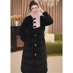 珊瑚绒睡衣女冬季三层夹棉家居服中长款睡袍女冬款加绒保暖夹棉裤