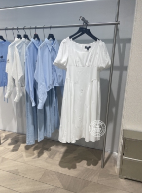 VM国内代购白色刺绣百搭收腰泡泡袖中长款连衣裙女 32526Z008
