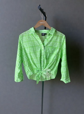 VM国内代购绿色橙色格纹翻领七分袖宽松短款衬衫女 321331008