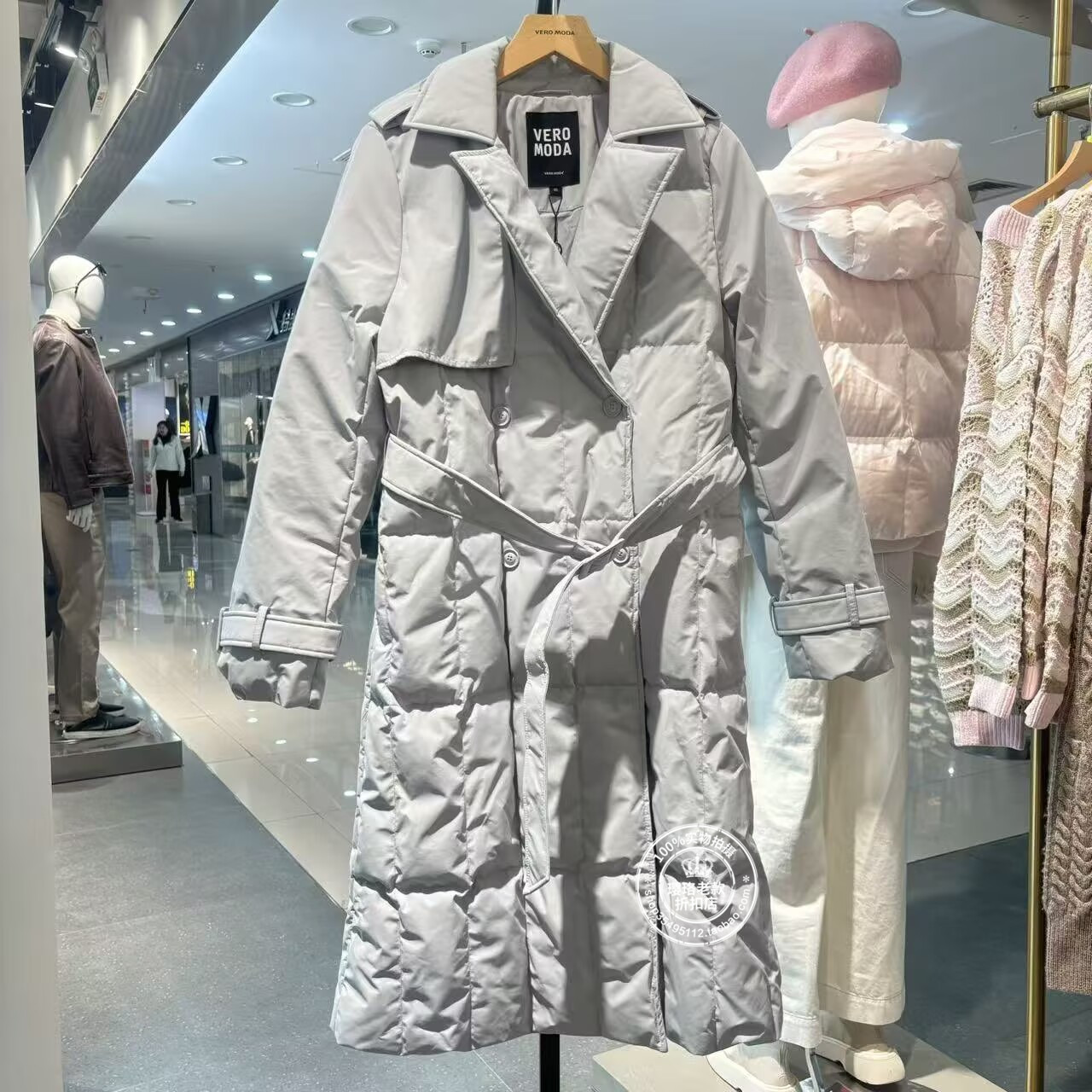 VM国内代购灰色翻领优雅收腰百搭长款风衣式羽绒服女 324112001