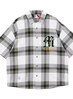 JJ国内代购绿色拼色格纹翻领联名款宽松纯棉短袖衬衫男 223204044