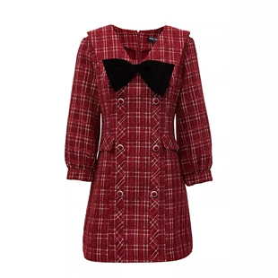 32327C032 连衣裙女 VM国内代购 红色格纹可拆卸蝴蝶结收腰春秋长袖