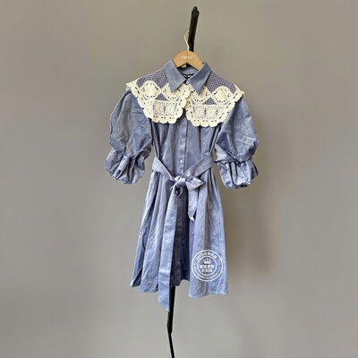 VM国内代购蓝色翻领春秋钩花披肩两件配套连衣裙女 32317C042