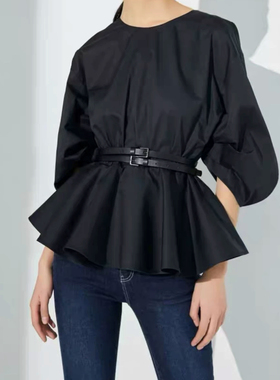 VM国内代购黑色圆领七分袖拉链收腰时尚裙摆式衬衫女 32216X002