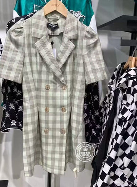 VM国内代购绿色黄色格纹泡泡袖双排扣短款连衣裙女 32136Z020