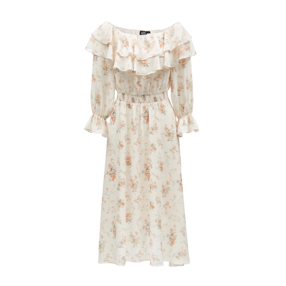 VM国内代购米粉印花荷叶边一字肩收腰中长雪纺连衣裙女 32427D003