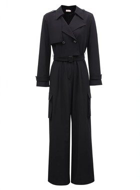 VM国内代购黑色双排扣风衣式口袋百搭休闲直筒连体裤女 324244001