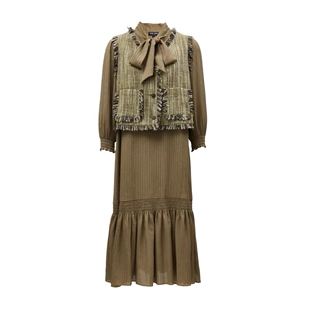 VM国内代购绿色卡其色两件套长袖中长款小香风连衣裙女 32447C008