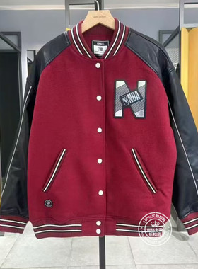 OL国内代购深红色拼接PU夹棉联名款宽松休闲毛呢外套女 12316T002