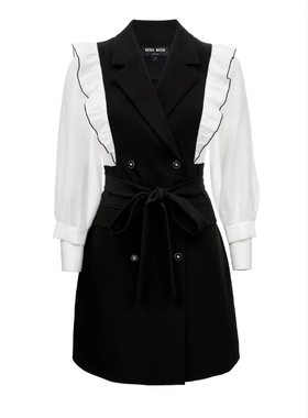 VM国内代购黑白拼色拼接荷叶边百搭气质七分袖连衣裙女 32337C020