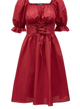 VM国内代购红色白色方领泡泡袖绑带收腰中长连衣裙女 32326Z011