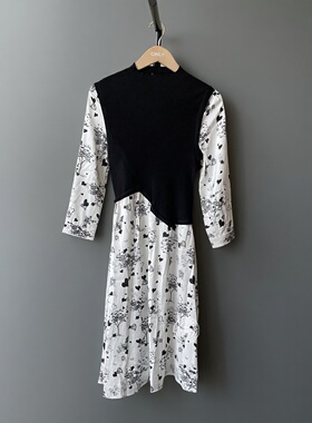 VM国内代购白色印花拼接针织高领假两件百搭中长连衣裙 32347C003