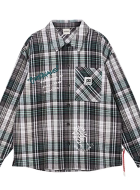 JJ国内代购绿色拼色格纹刺绣翻领宽松休闲长袖衬衫男 2241OS022