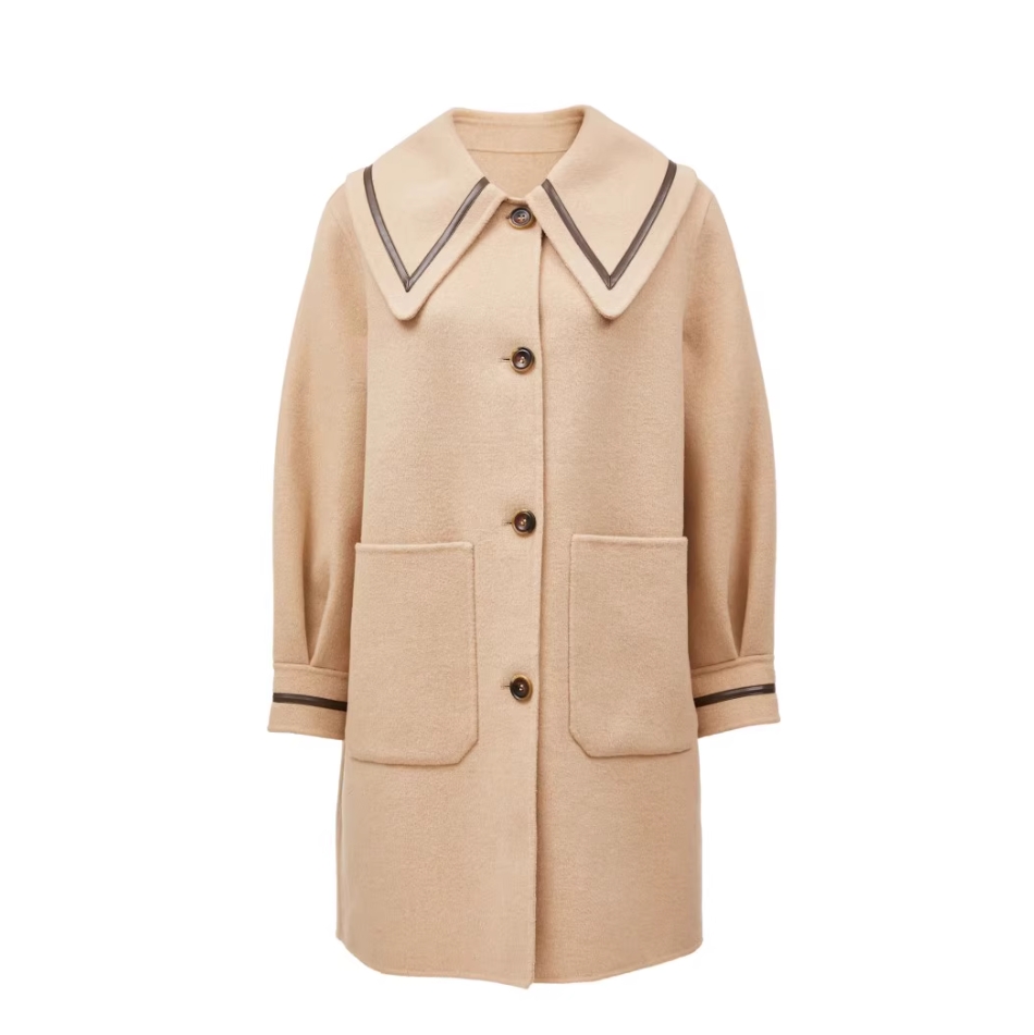 VM国内代购卡其色黄色大翻领宽松休闲中长款毛呢外套女 323327003