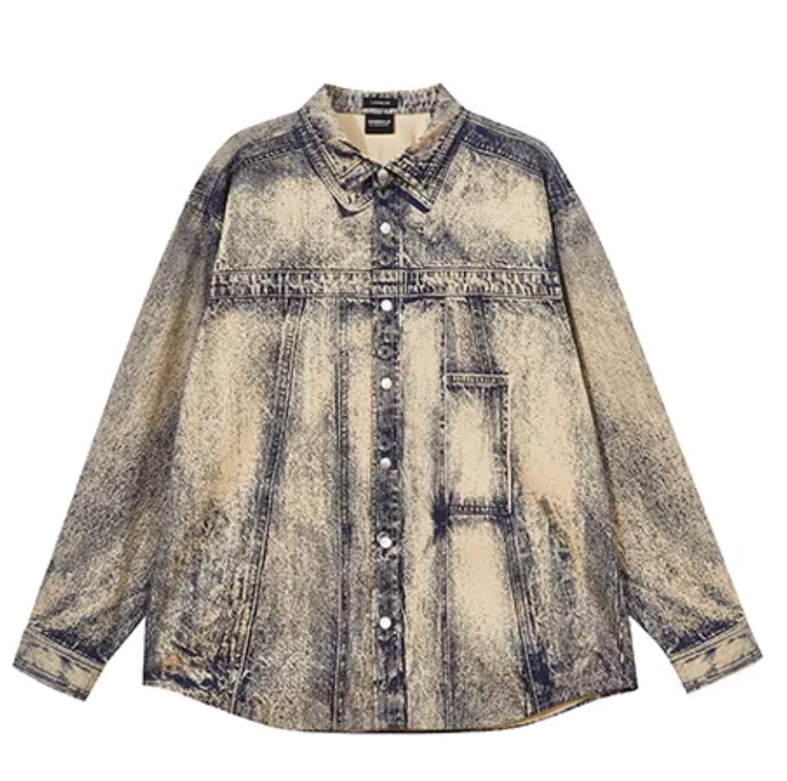 JJ国内代购印花复古做旧百搭休闲宽松长袖牛仔衬衫男 224362003