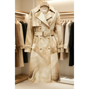 VM国内代购褐色印花拼色百搭中长款棉质风衣外套女 323121018