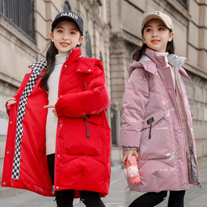 巴拉儿童羽绒服女童2023新款韩版中长款大童加厚亮面免洗冬季外套