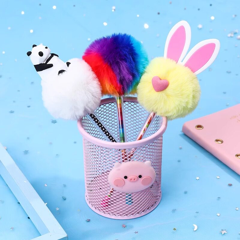 跨境卡通新颖可爱兔子中性笔圆珠笔毛球工艺笔韩版礼品笔新颖
