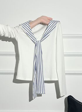 白色海军领披肩长袖t恤女秋季2025新款打底衫修身显瘦假两件上衣