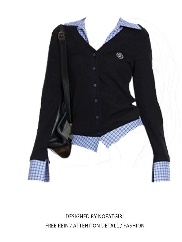 韩系学院风格子拼接衬衫女春秋新款针织衫polo领衬衣收腰绝美上衣