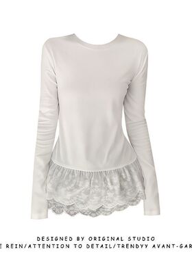 蕾丝花边拼接长袖T恤女款小众别致修身打底衫白色上衣小衫
