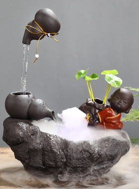 中式创意悬浮陶瓷流水喷泉加湿器葫芦招财办公室家居饰品盆景摆件