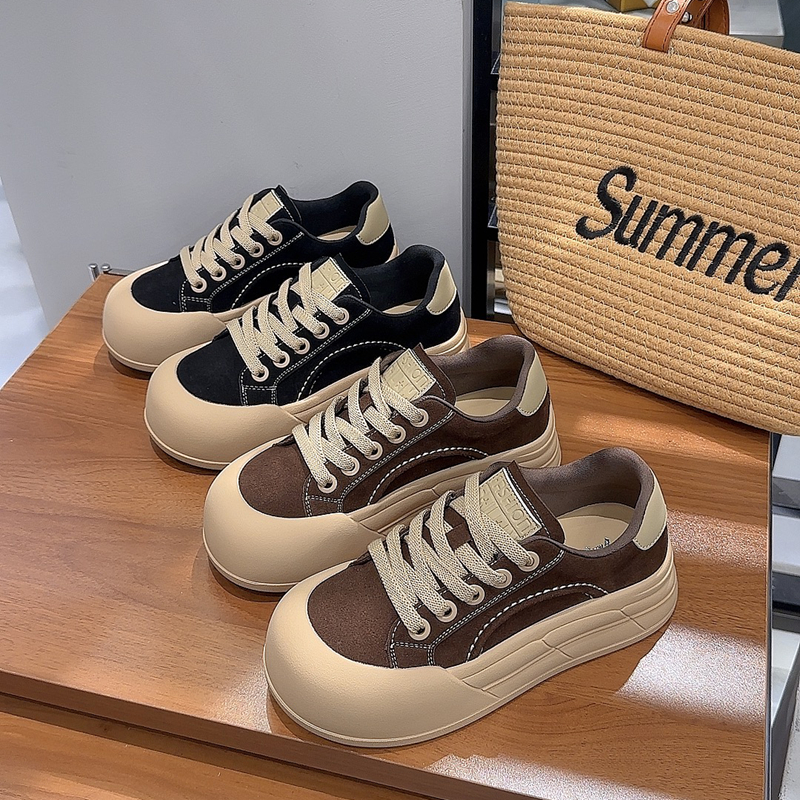 真皮德训鞋女加绒大头厚底板鞋2024秋冬季新款轻便增高休闲面包鞋