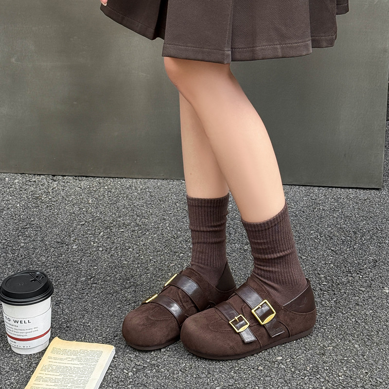 韩系内增高双扣带踩脚绒面勃肯鞋女2026冬新款v加绒两穿乐福棉鞋