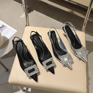 黑色包头高跟鞋后绊带尖头水钻单鞋凉鞋女夏季细跟高级感2025新款