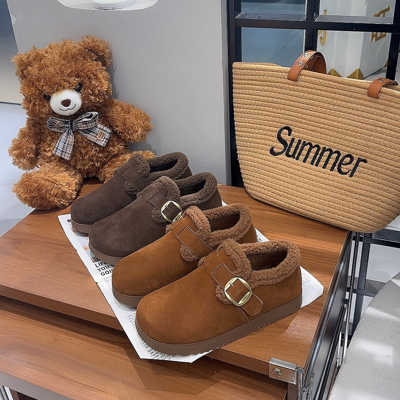 复古真皮厚底增高加绒勃肯鞋女2025冬季新款圆头一脚蹬丑萌毛毛鞋