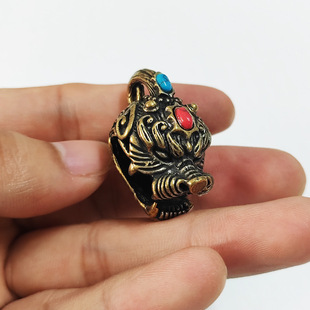 创意黄铜红蓝石虎头铃铛钥匙扣挂件吊坠吞金兽珐琅彩装饰品