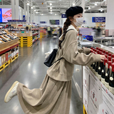 新中式国风穿搭卡其色连帽卫衣套装女初春秋超火好看半身裙两件套，女装套装/套裙，2C028