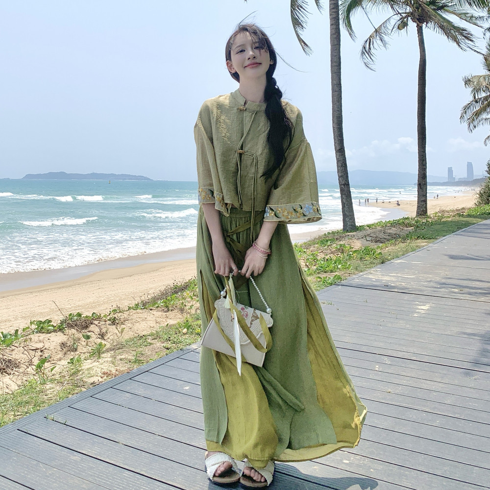 【预售】新中式国风时髦刺绣上衣套装女夏2025年新款设计感高腰裙裤两件套,女装套装/套裙,2C028